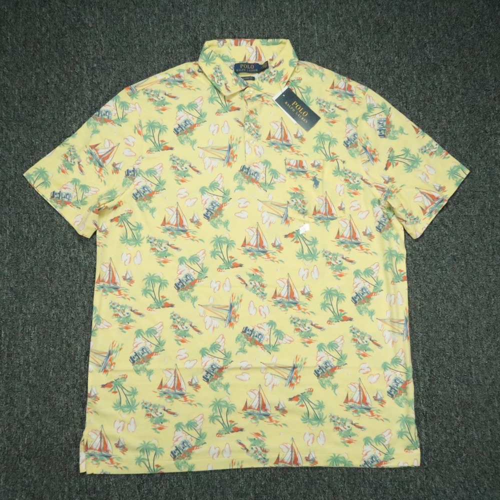 Polo Ralph Lauren Shirt Mens Large Yellow Classic Fit St Tropez Graphic Island